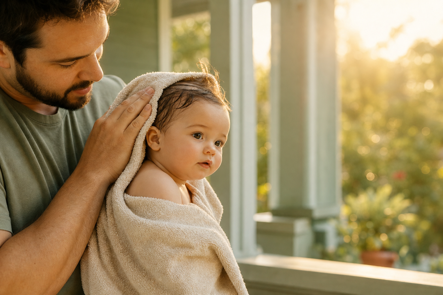 Father gently pats his baby’s damp hair dry on a porch