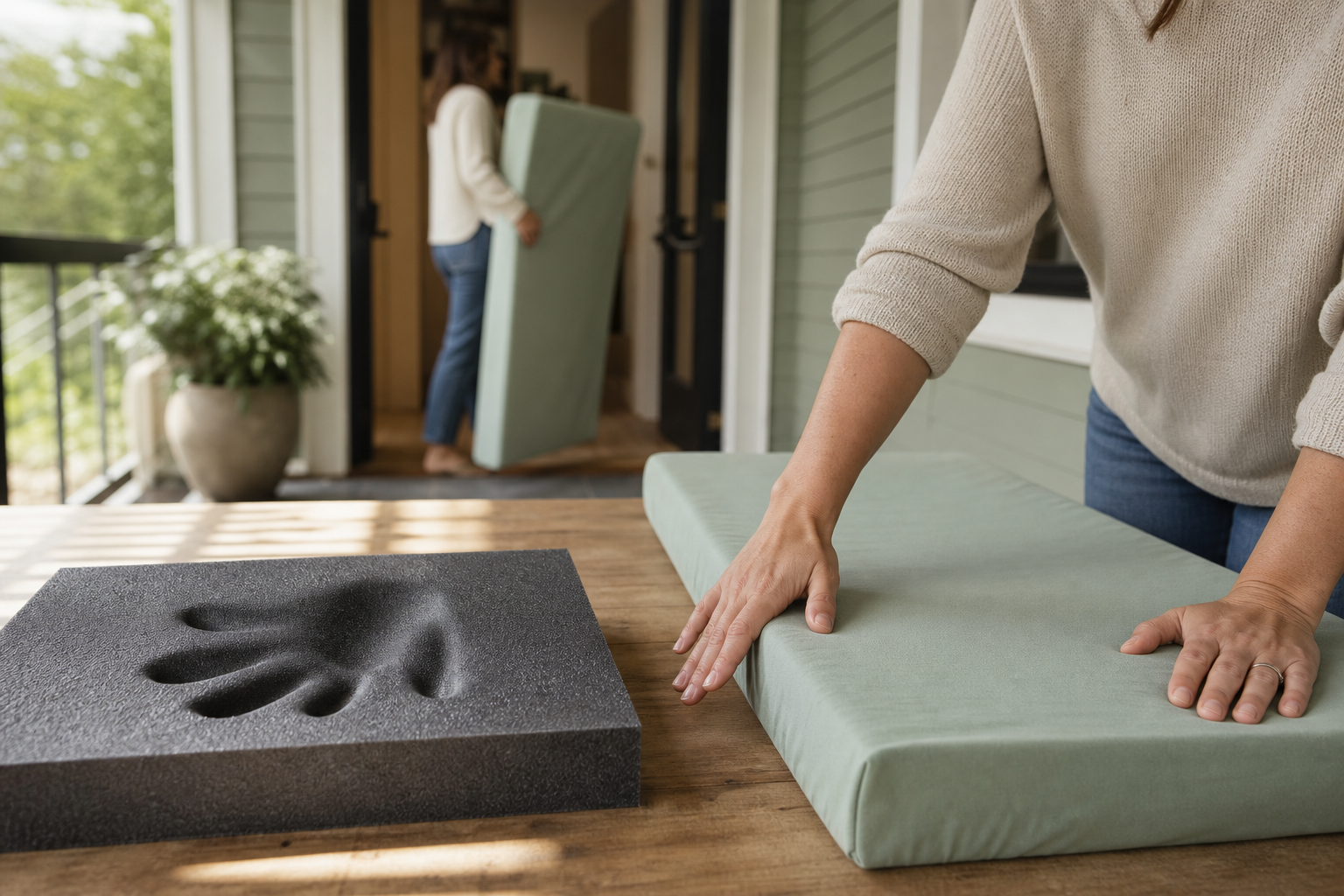 Caregiver hands compare deeply indented foam and a firm sage mattress on a porch
