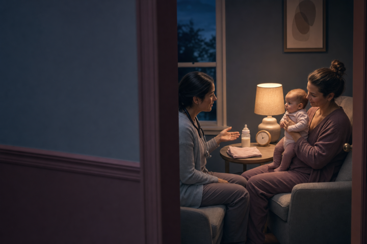 A pediatric clinician gestures toward a bottle and clock while a caregiver securely holds an alert baby in a blue-hour consultation room.
