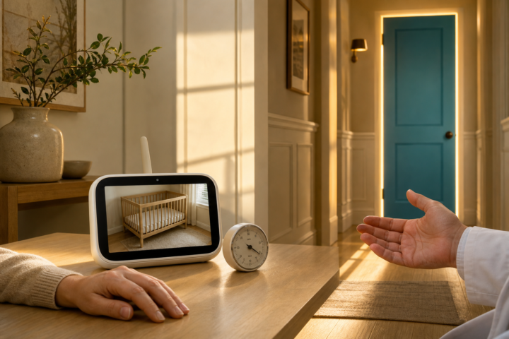 Caregiver and clinician hands gesture beside a monitor facing a closed turquoise door.