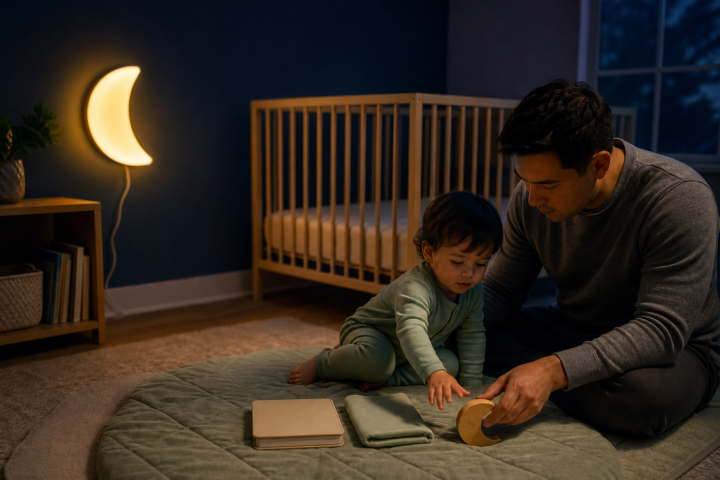 Father and toddler arrange bedtime objects in a dim nursery