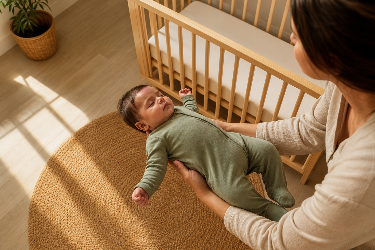 Parent lifts a sleeping baby from a nursery rug toward the crib