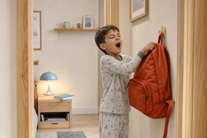 Yawning elementary student hangs a terracotta backpack beside a bright bedroom doorway