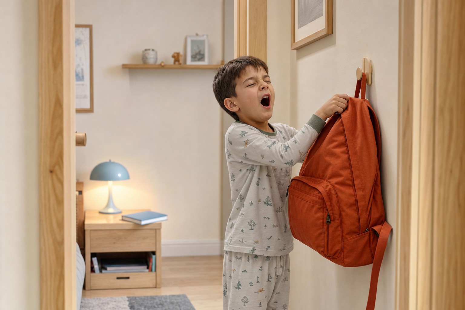 Yawning elementary student hangs a terracotta backpack beside a bright bedroom doorway