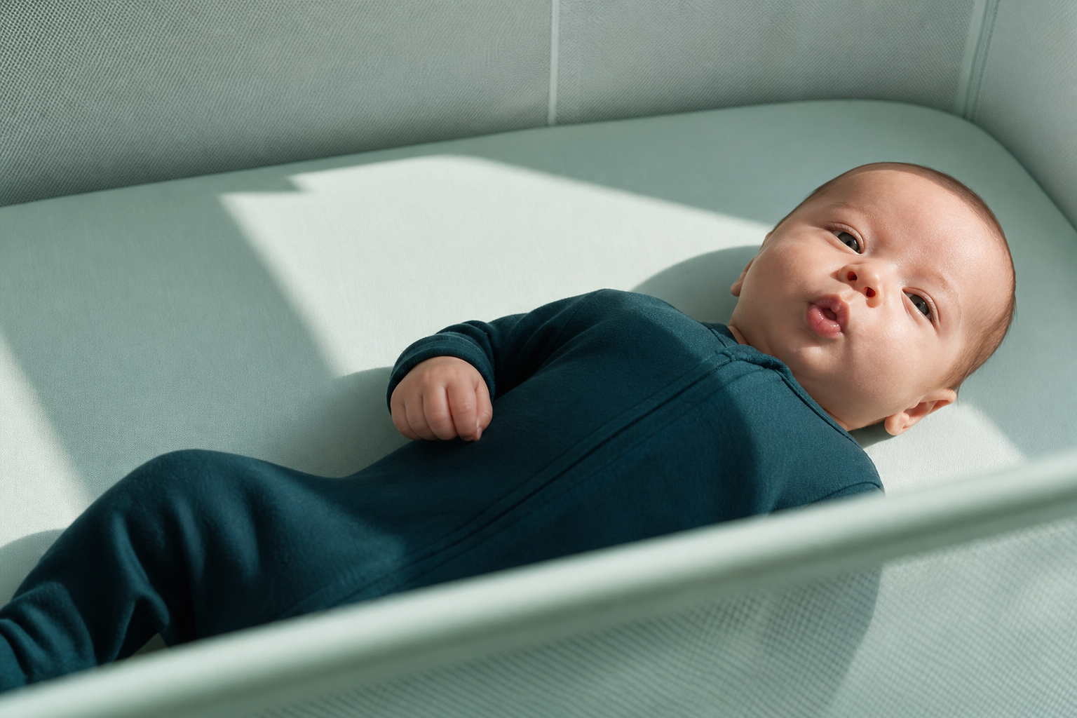 Calm baby in a deep teal sleeper lies on their back in a sunlit pale aqua bassinet.
