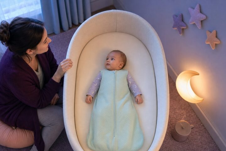 A three-month-old baby lies awake on the back in a cream bassinet while a parent sits beside a glowing moon light at dawn.