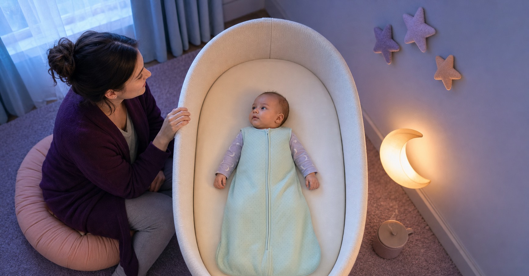 A three-month-old baby lies awake on the back in a cream bassinet while a parent sits beside a glowing moon light at dawn.
