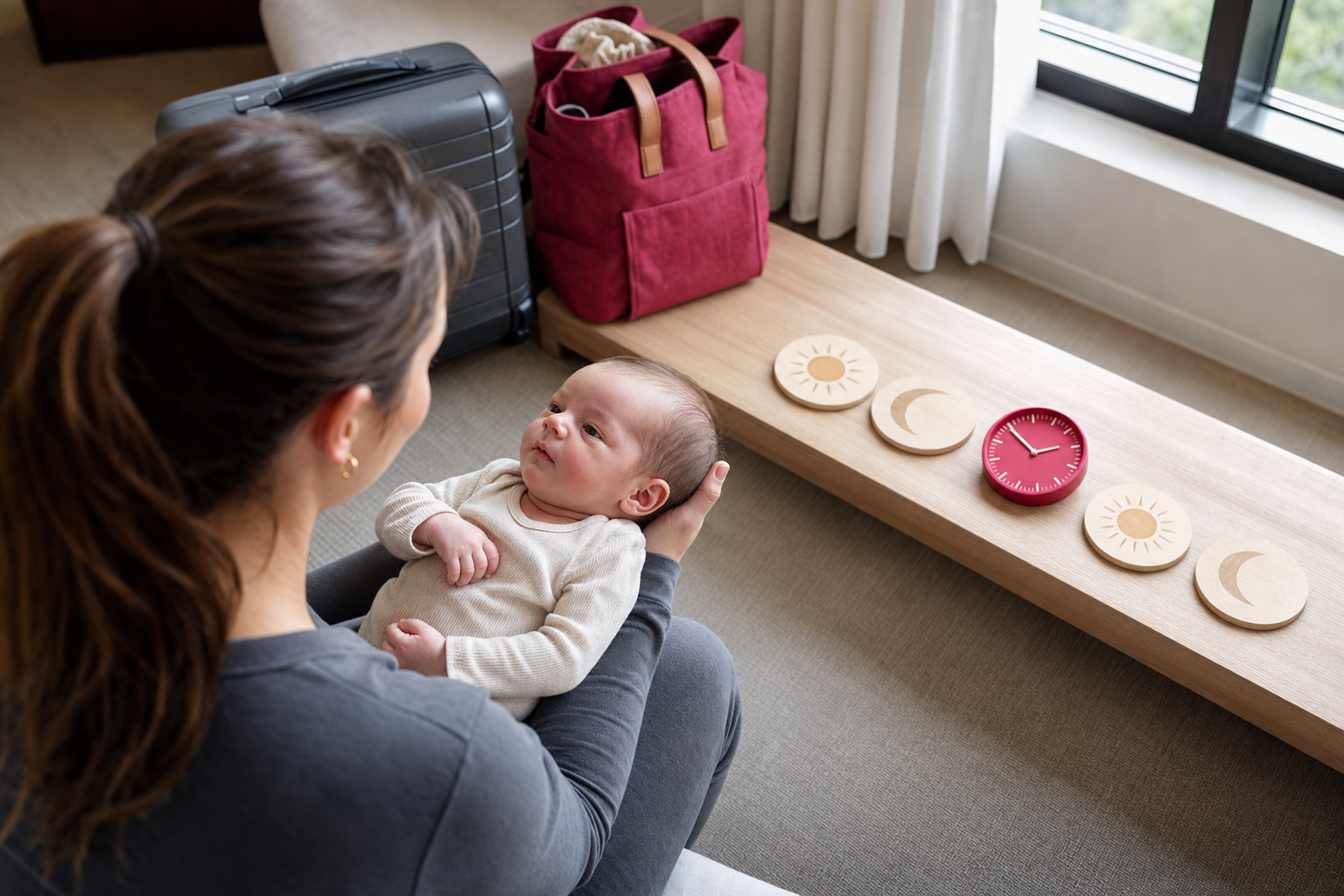 Parent cradles an alert newborn beside a raspberry clock in a bright hotel room.