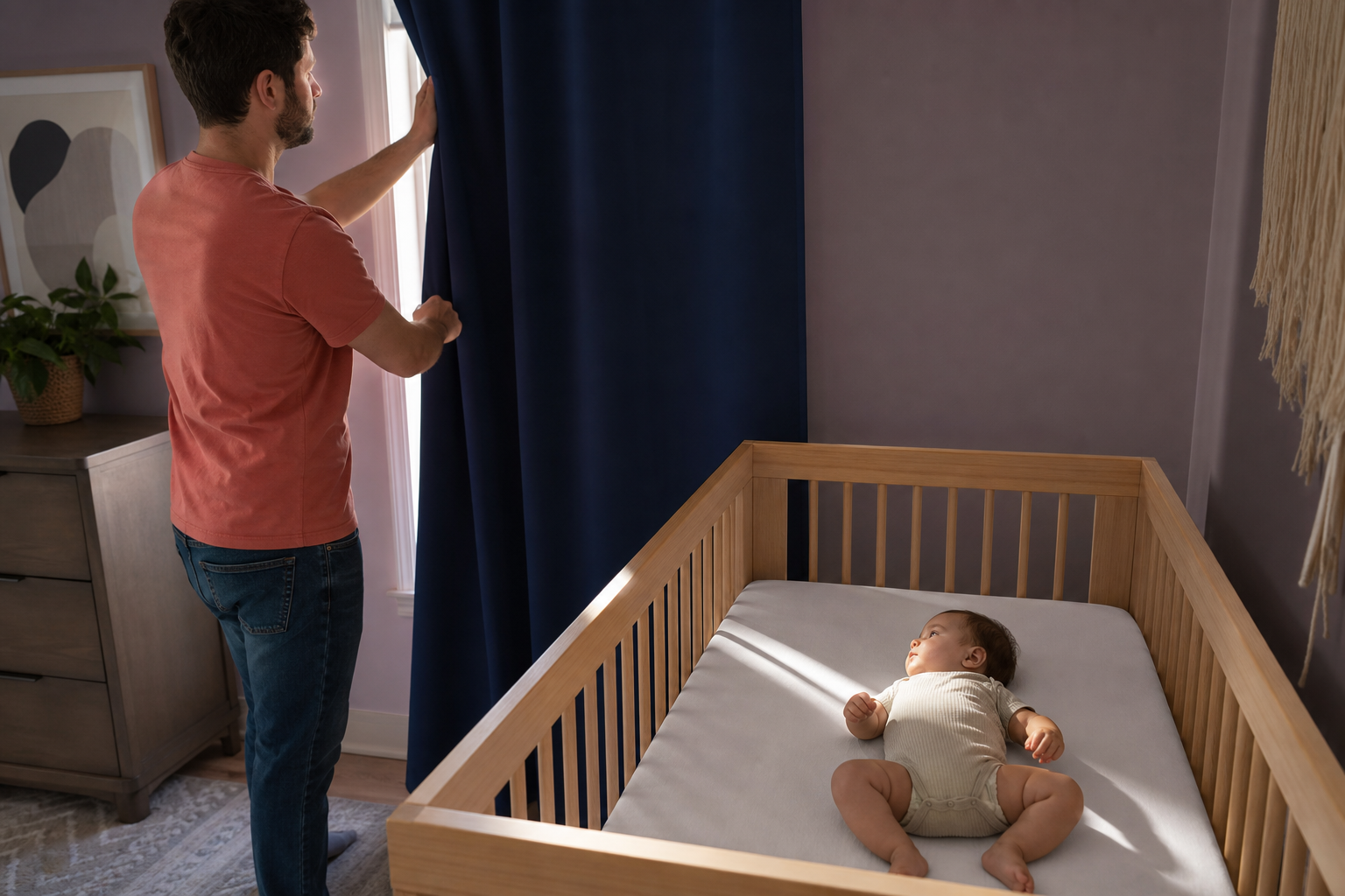 Father closes navy curtains while an alert baby lies in a bare crib
