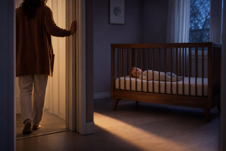 Parent steps through a warmly lit doorway as an awake baby watches from a bare crib at night