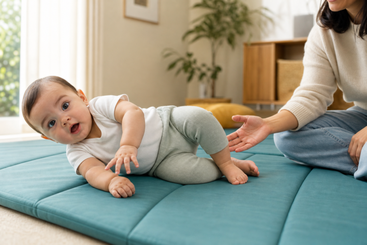 Alert baby rolls onto their side on a teal play mat beside a watchful parent
