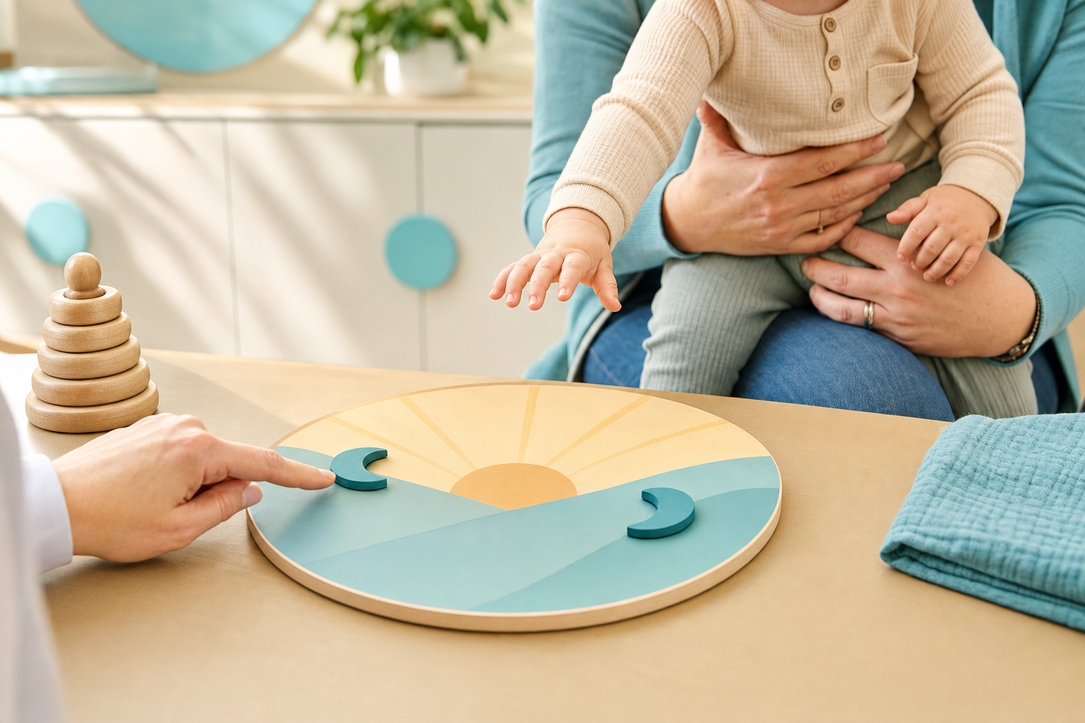 Baby reaches toward two turquoise nap markers on a tabletop routine board.