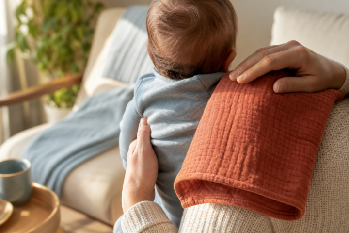 Caregiver holds an awake baby upright against a terracotta burp cloth