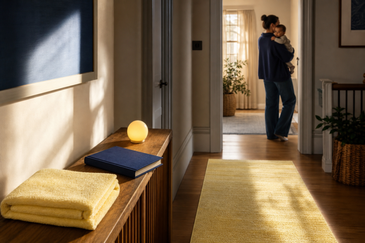 Mother carrying her baby through a sunlit hallway beside bedtime routine objects
