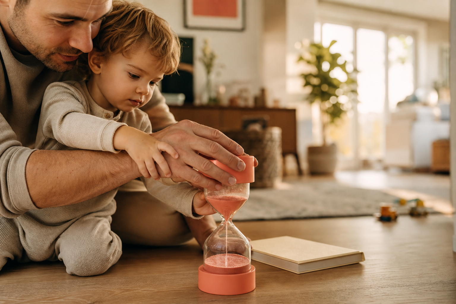 Father and two-year-old turn a coral hourglass in a sunlit living room