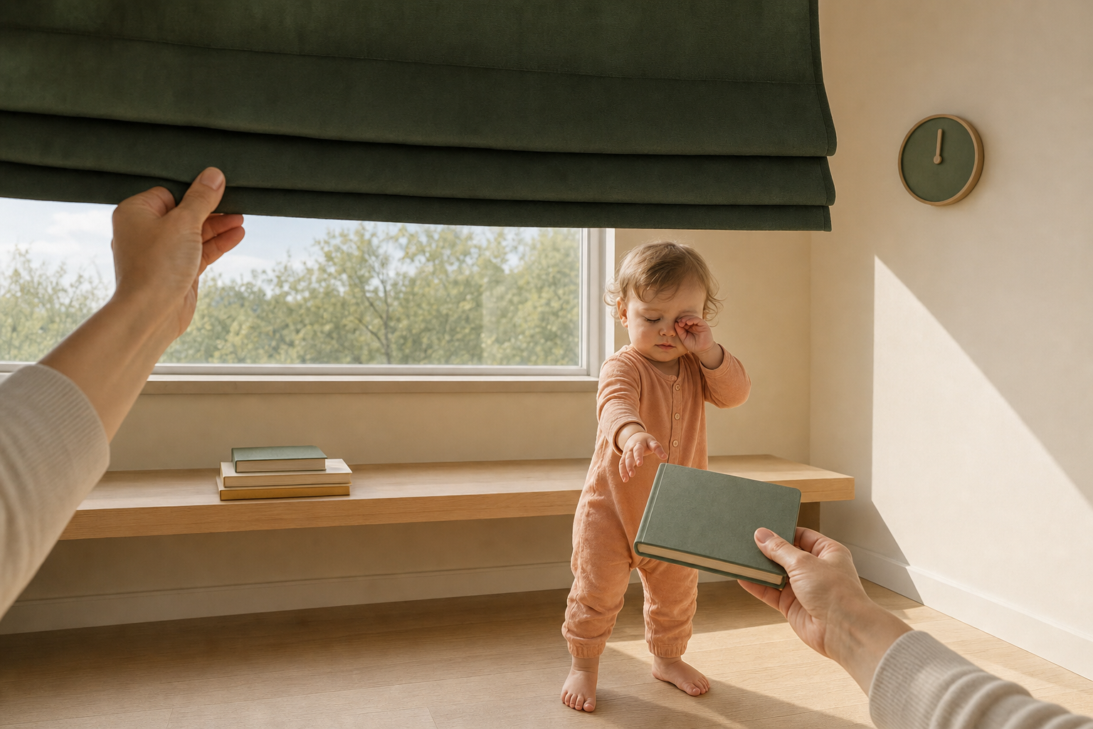 Sleepy toddler reaches toward a caregiver-held book as another hand lowers a green window shade.