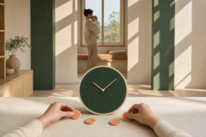 Caregiver hands arrange apricot tokens around a forest-green clock while a parent holds a baby by a sunny window.