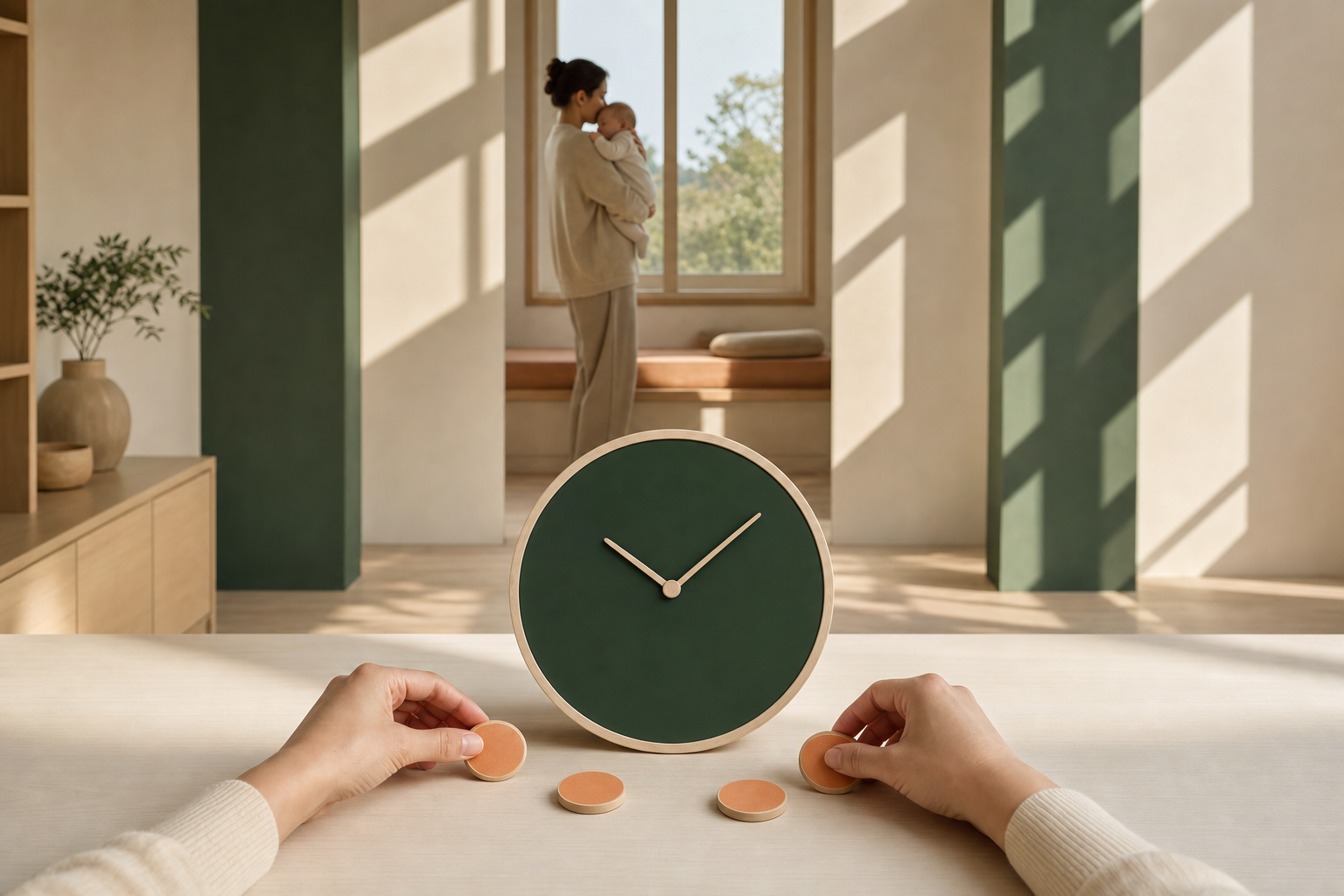 Caregiver hands arrange apricot tokens around a forest-green clock while a parent holds a baby by a sunny window.
