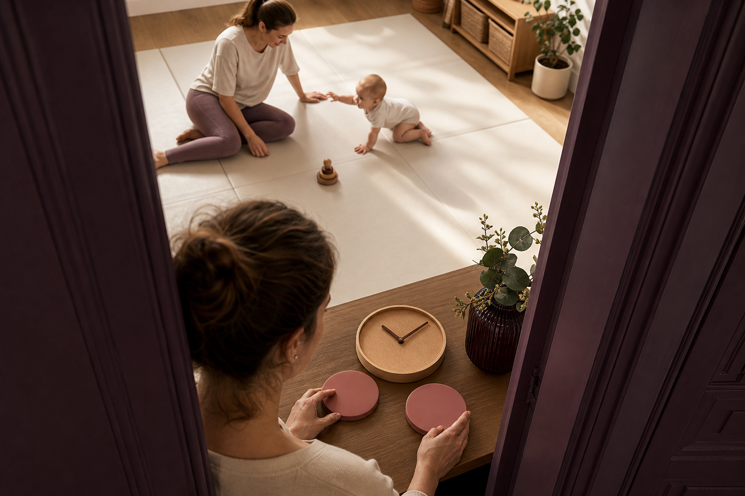 Two women plan nap times while a baby crawls on a sunlit play mat.