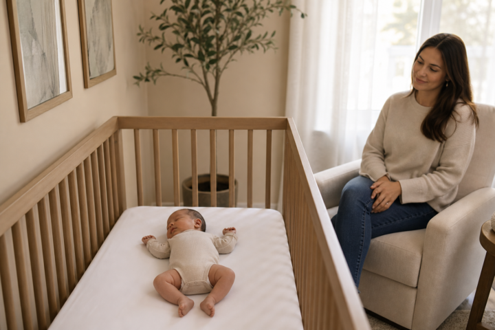 Eight-week-old baby sleeping safely on their back in a bare crib