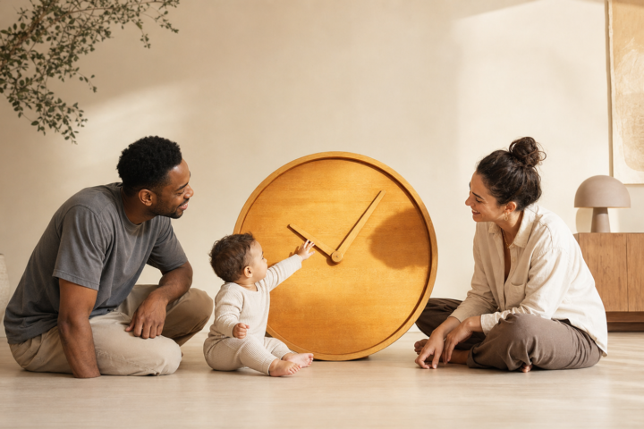 A seated baby reaches toward an oversized wooden clock between two smiling caregivers.
