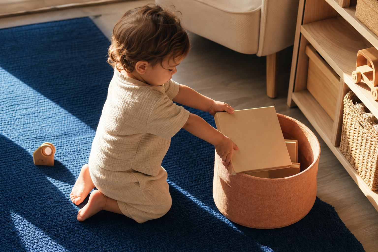 Toddler placing a blank picture book into a peach basket on a blue rug