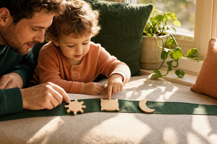 Father and toddler point to wooden sun, pillow, and moon tokens arranged along a green ribbon by a sunny window.