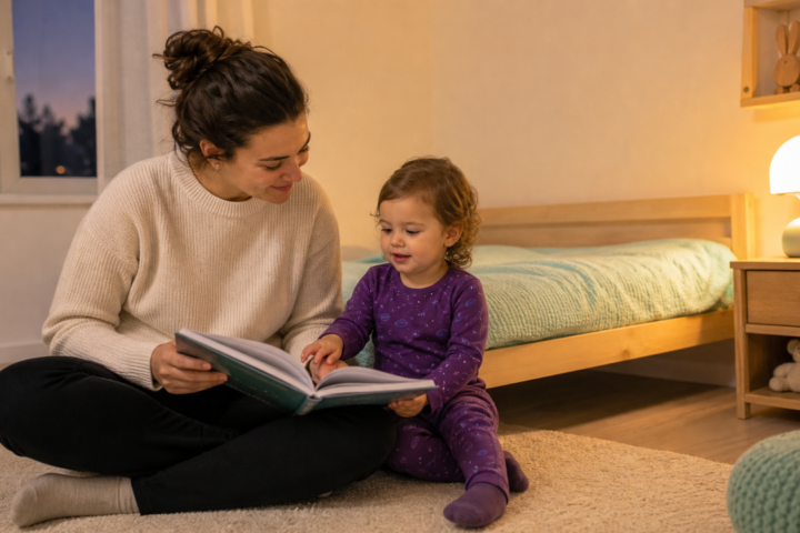 Caregiver reads a picture book with an awake toddler in purple pajamas beside a mint-covered toddler bed.