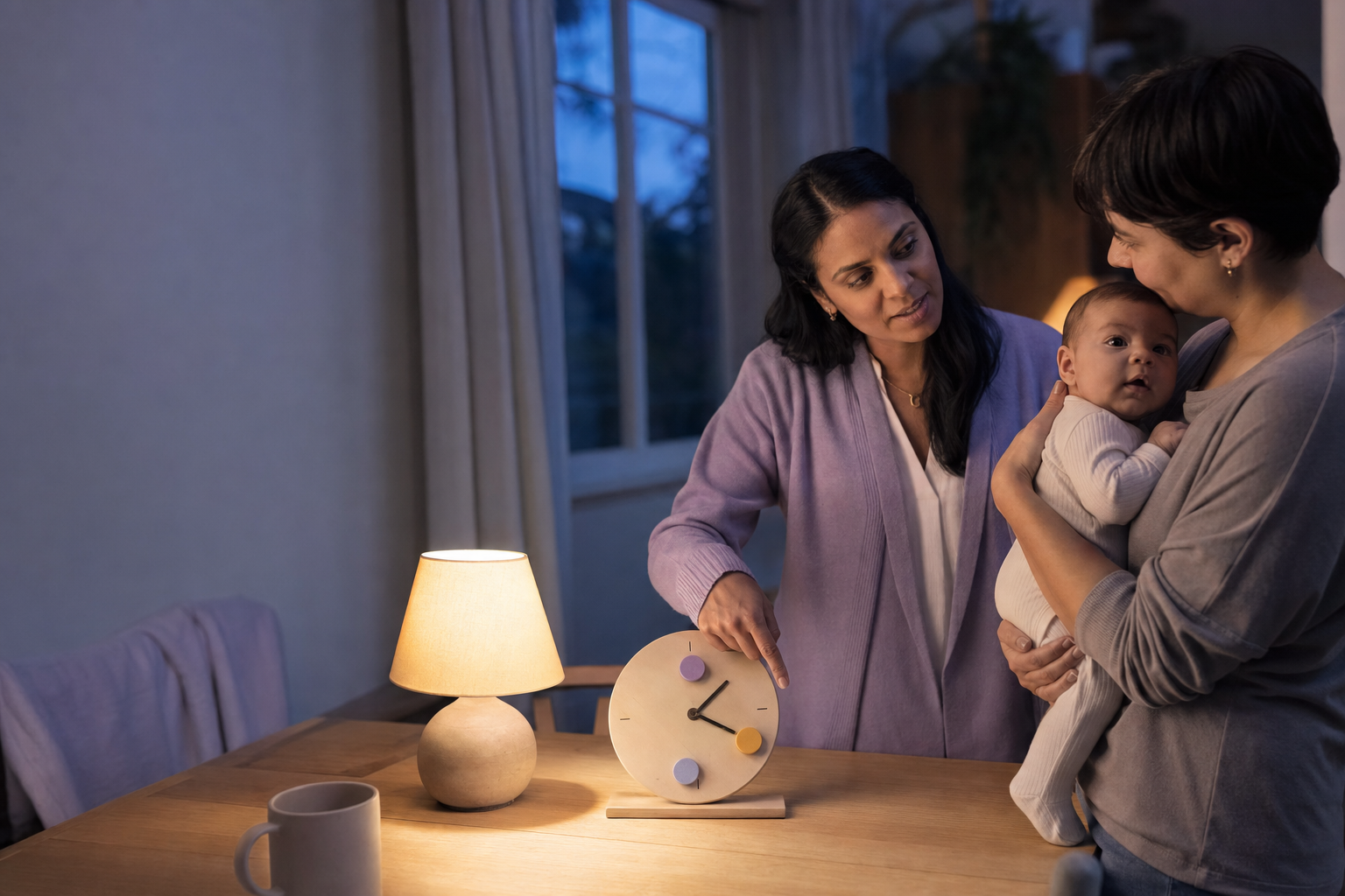 One adult points to an analog clock while another holds an awake newborn at a table.