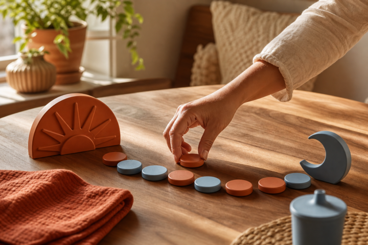 Caregiver's hand arranges terracotta and blue day-and-night tokens on a sunlit table