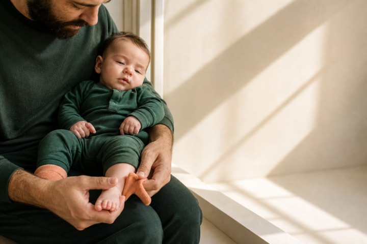 Father gently removes an apricot sock from his drowsy baby's foot by a sunny window.