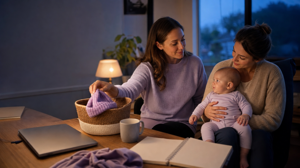 A sleep coach puts a lavender baby hat away as a caregiver holds an awake infant.