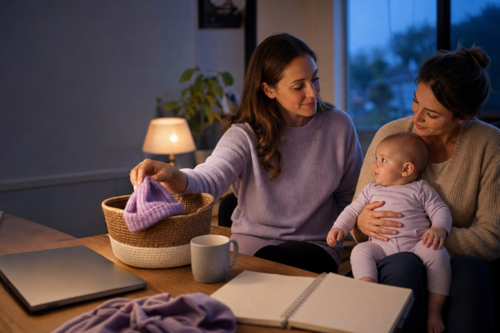 A sleep coach puts a lavender baby hat away as a caregiver holds an awake infant.