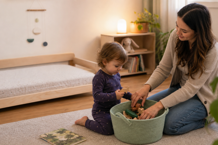 Caregiver and awake toddler put toys away beside an empty toddler bed during a calm bedtime routine.