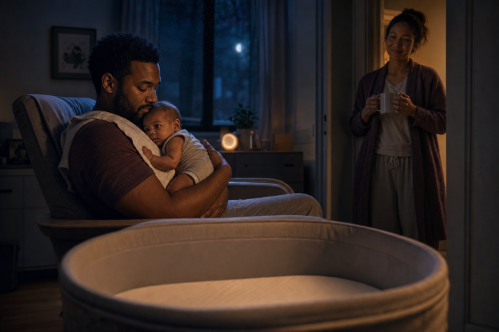 Parent comforts an alert two-month-old baby during a quiet nighttime wake-up.
