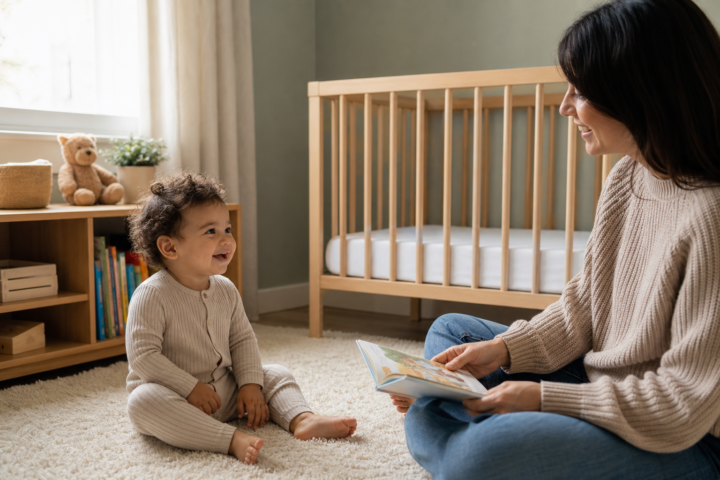 Smiling toddler listens as parent reads beside an empty crib