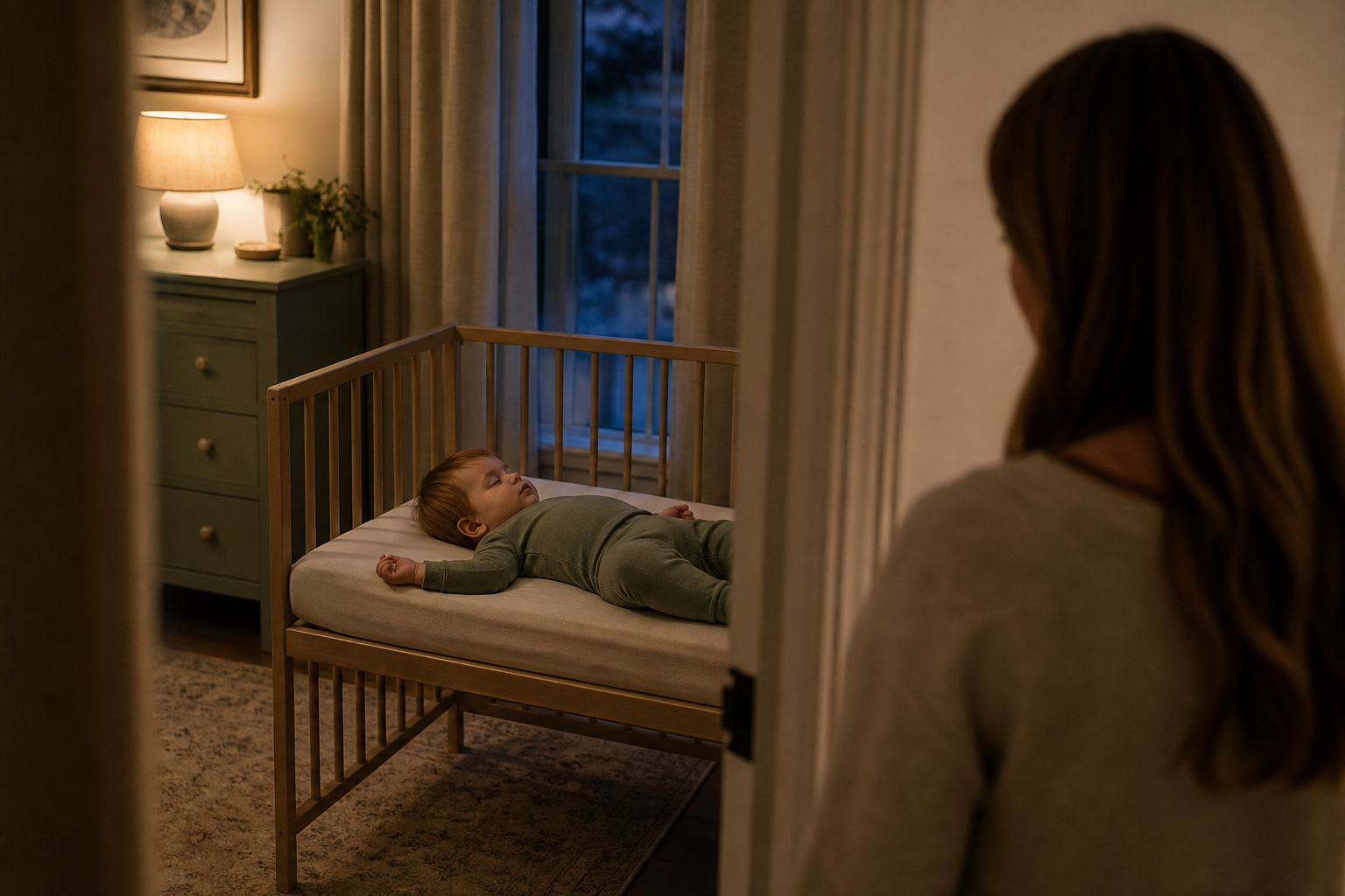 Toddler sleeping safely on their back in a crib