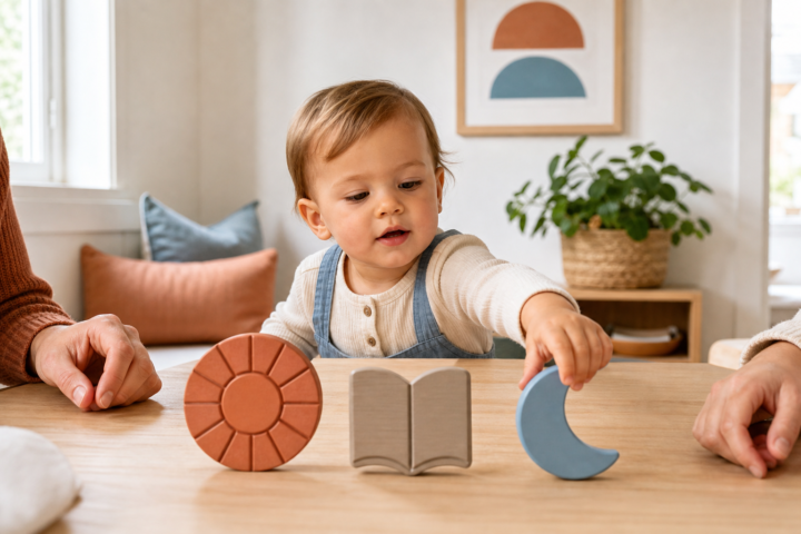 Toddler reaches for a blue moon shape beside sun and book blocks at a bright family table.