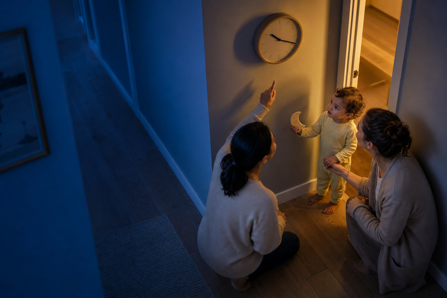 Toddler holding a crescent token as two adults point toward a hallway clock