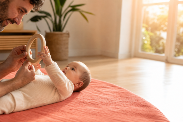Father offers a wooden ring to his alert baby during floor play