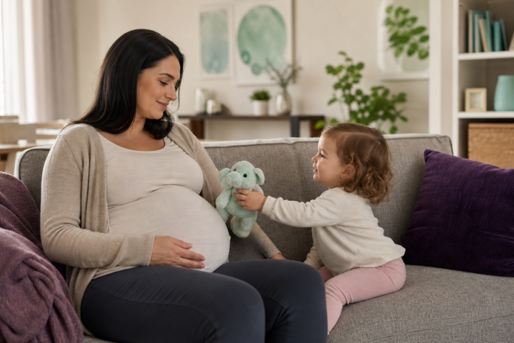 Pregnant parent seated on a sofa while a toddler offers a mint-green stuffed elephant in a calm moment after an accidental belly bump.