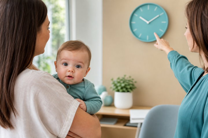 One woman holds an alert baby while another points to a turquoise wall clock