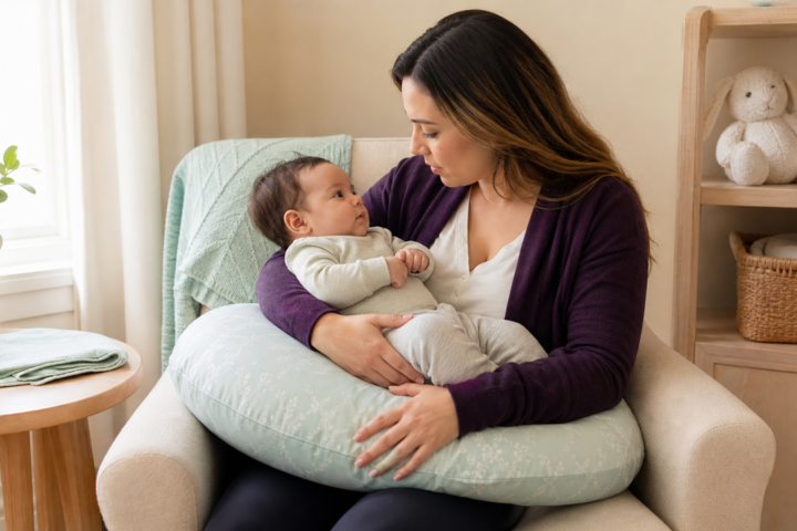 Caregiver listens attentively while holding an awake baby against a mint nursing pillow.