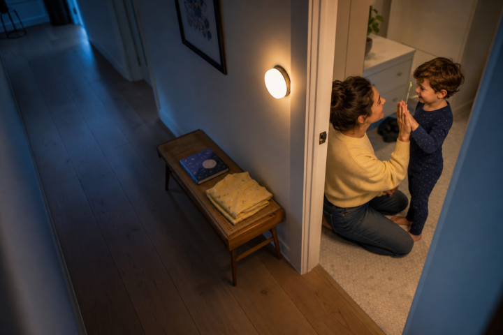 Caregiver and preschooler high-five beside a bathroom doorway at bedtime.
