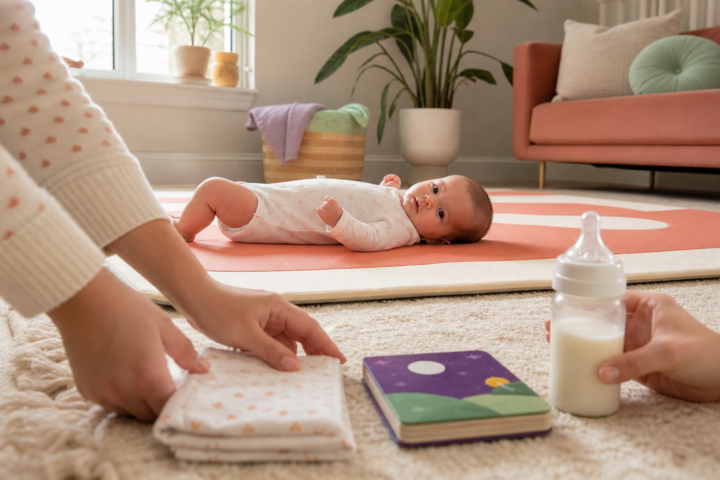 Awake newborn lies on a coral play mat as a caregiver arranges a burp cloth, board book, and bottle nearby.