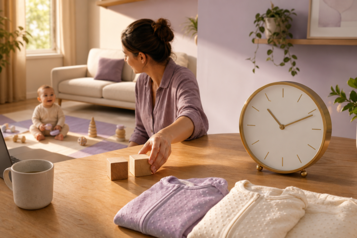 Mother reaches toward two wooden blocks beside a gold clock while her awake baby plays on a lavender mat