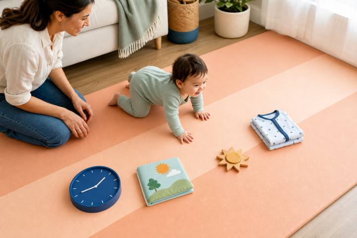 Mother watches her smiling nine-month-old crawl across a peach play mat toward a blue clock, cloth book, sun toy, and folded pajamas.
