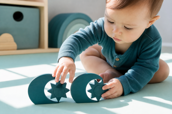 Seated baby aligns two matching teal moon and sun toys