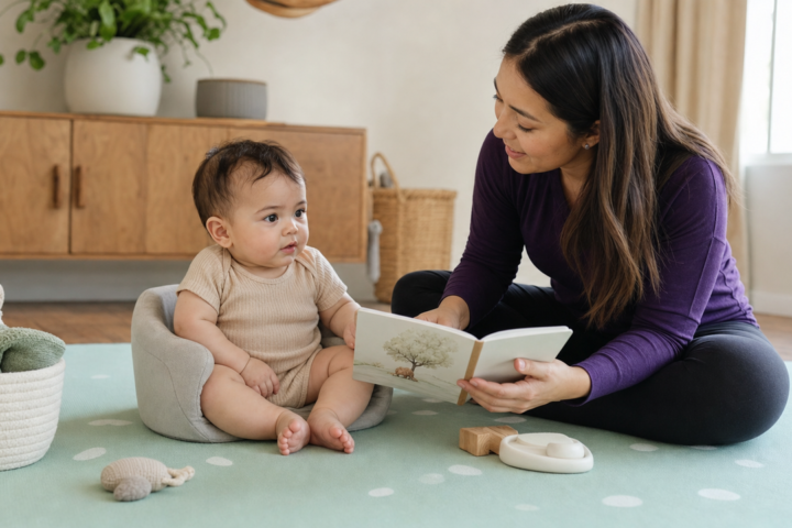 Awake baby and caregiver share quiet floor play in a sunlit room with soft toys set aside.