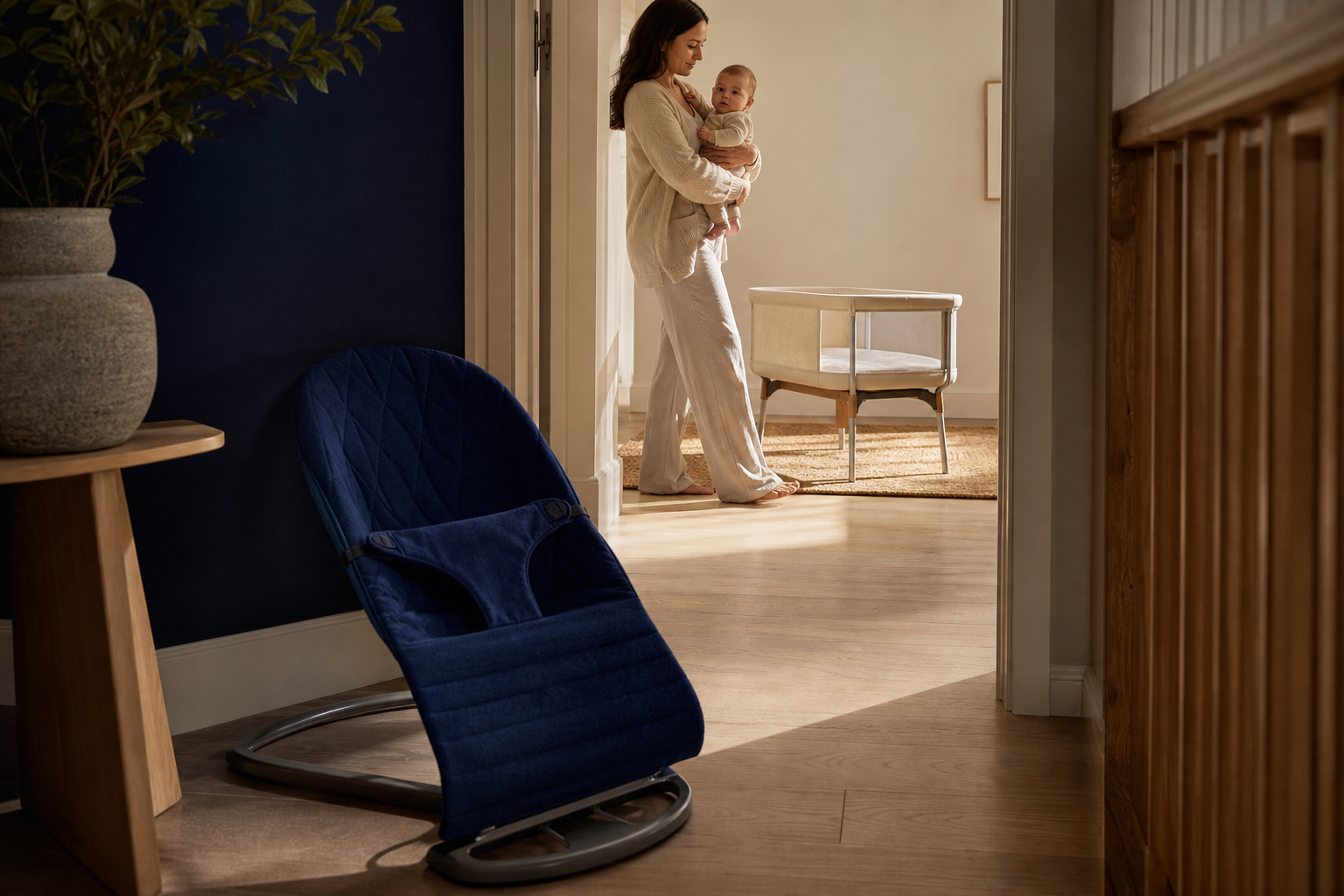 Empty indigo baby bouncer sits in a hallway as a mother carries her awake baby toward a bare bassinet.